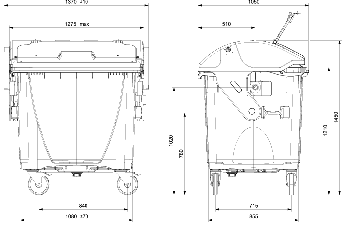 Europlast 1100l MGB mit Runddeckel und Deckel in Deckel Lösung Abmessungen