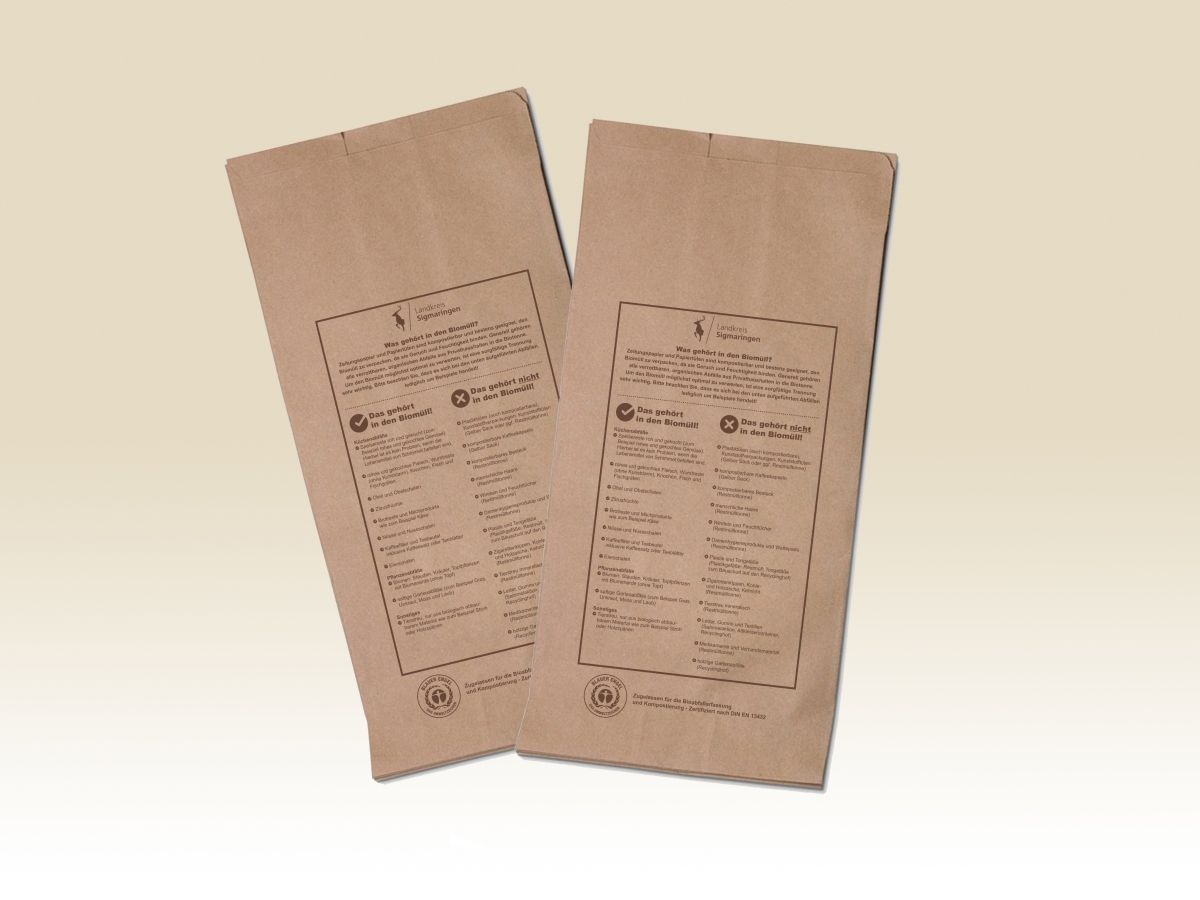 Kompostierbare Papiertüten nach DIN EN 13432 für die Biomüllsammlung - zertifiziert gemäß Blauer Engel